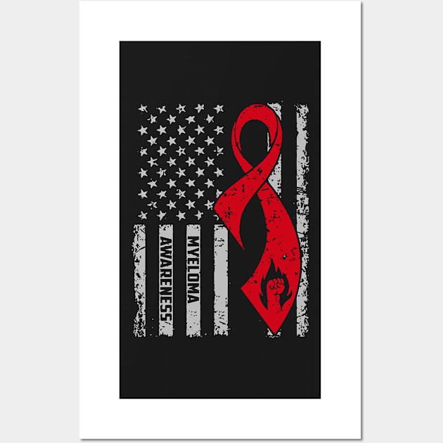 Myeloma Awareness 4th Of July American Flag Burgundy Ribbon In This Family No One Fights Alone Wall Art by Mayla90